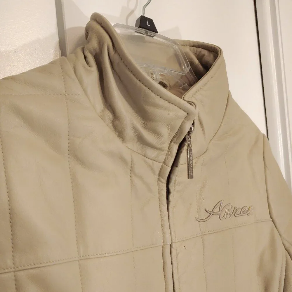 Avirex Leather Long Coat Quilted Beige High Neck Vintage 90s Minimal Jacket - Picture 3 of 13